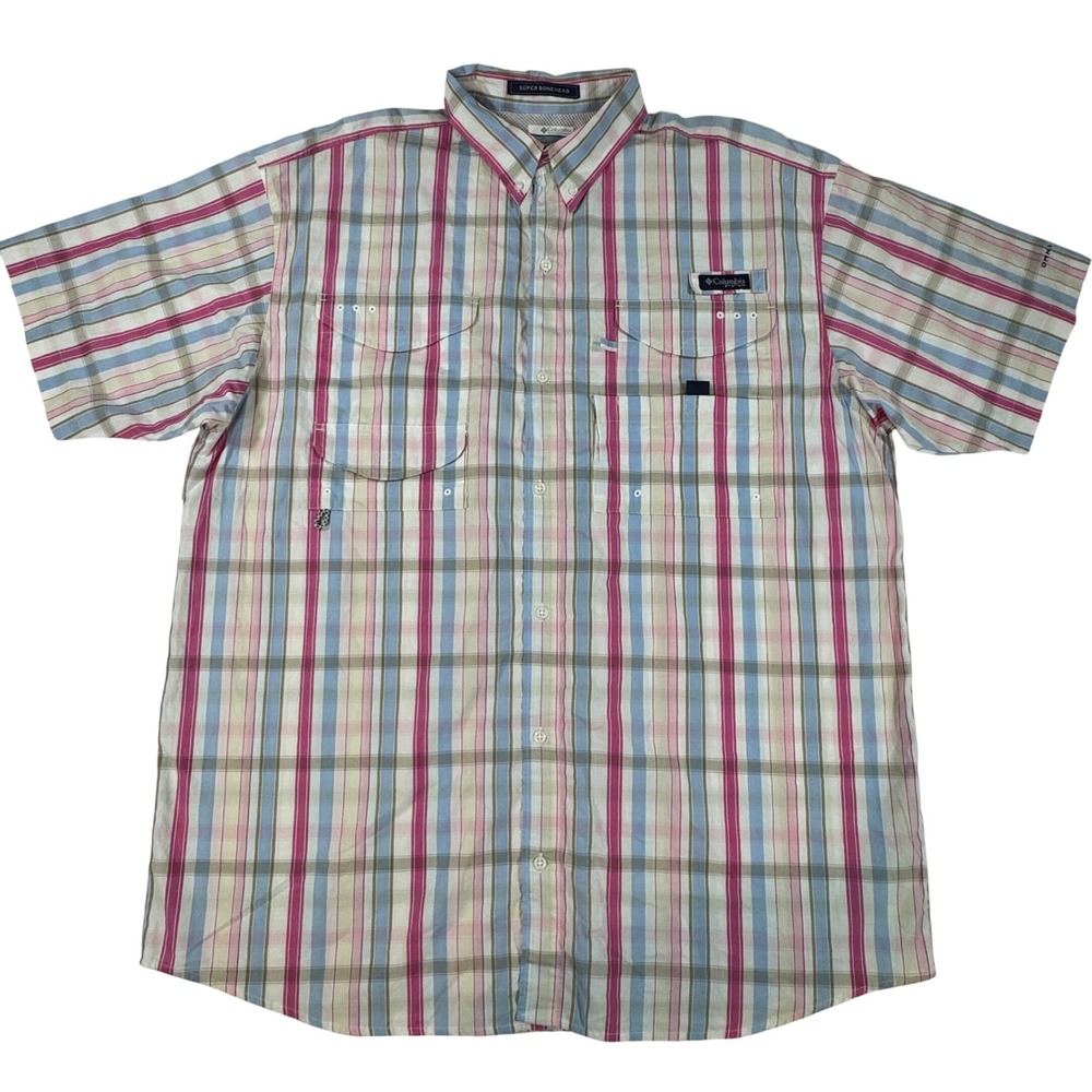 Columbia PFG Super Bonehead Fishing Shirt Men's XL Pink Blue Plaid Short Sleeve